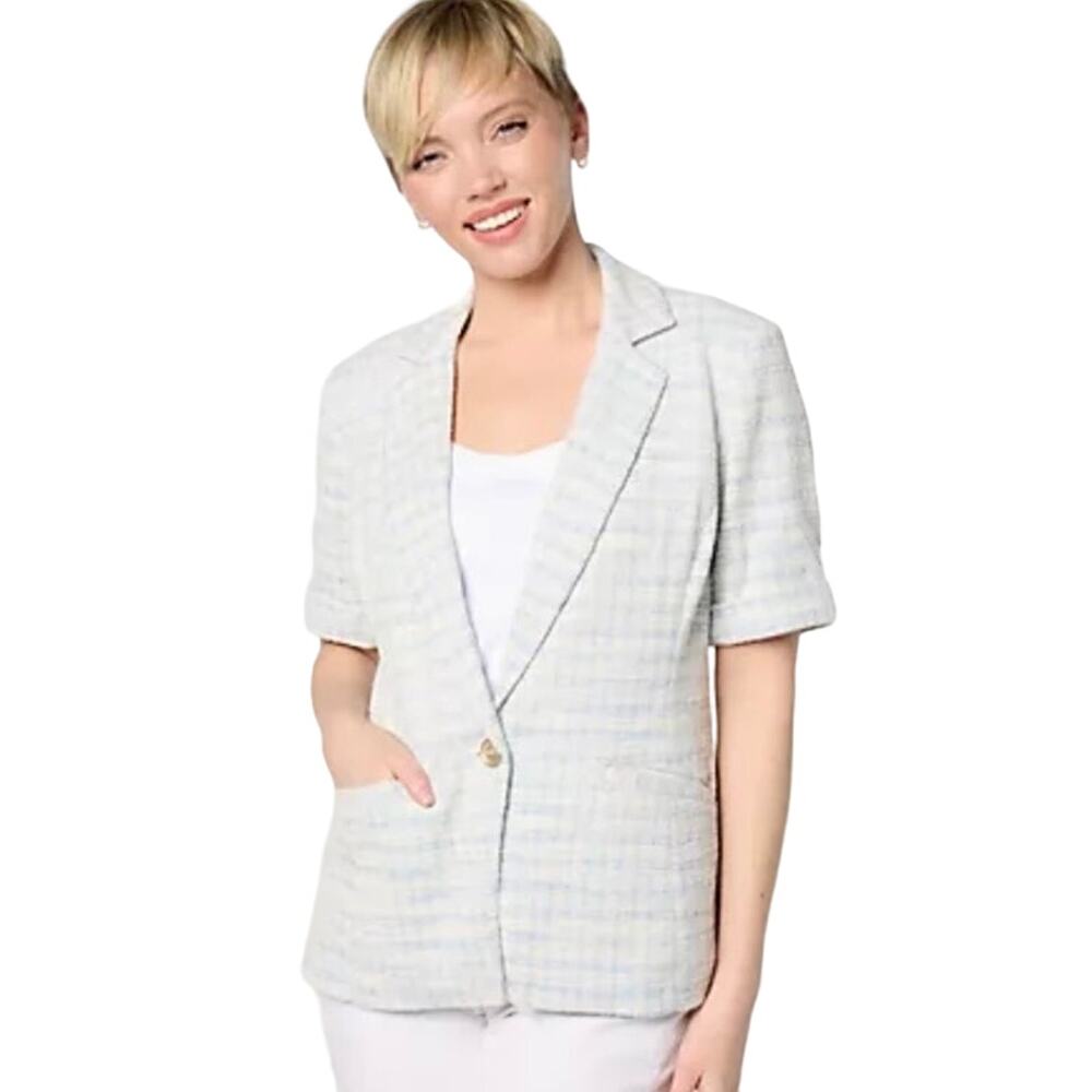 QVC Susan Graver Knit Tweed Short Sleeve Blazer Wind Blue NWOT Size L